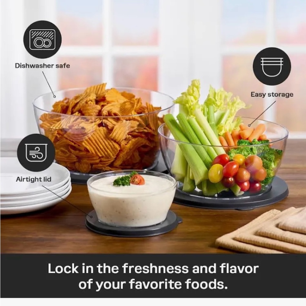 Tupperware Crystal Clear Containers with black Lids 3 bowls
